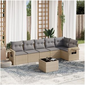 Matgrupp för trädgården med dynor 7 delar beige konstrotting vidaXL