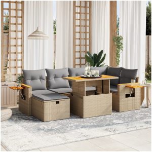 Matgrupp för trädgården med dynor 7 delar beige konstrotting vidaXL