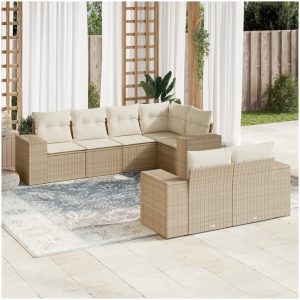 Matgrupp för trädgården med dynor 7 delar beige konstrotting vidaXL