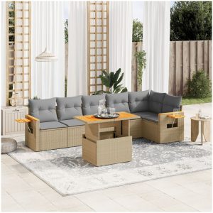 Matgrupp för trädgården med dynor 7 delar beige konstrotting vidaXL