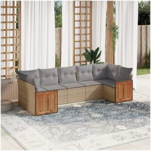 Matgrupp för trädgården med dynor 7 delar beige konstrotting vidaXL