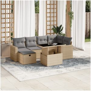 Matgrupp för trädgården med dynor 7 delar beige konstrotting vidaXL