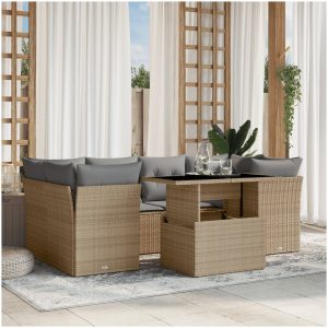 Matgrupp för trädgården med dynor 7 delar beige konstrotting vidaXL