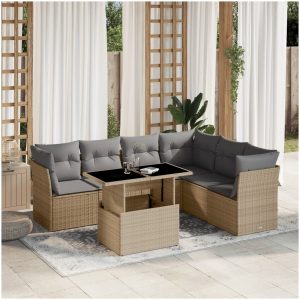 Matgrupp för trädgården med dynor 7 delar beige konstrotting vidaXL