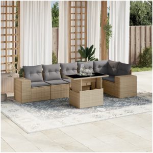 Matgrupp för trädgården med dynor 7 delar beige konstrotting vidaXL
