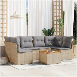 Matgrupp för trädgården med dynor 7 delar beige konstrotting vidaXL