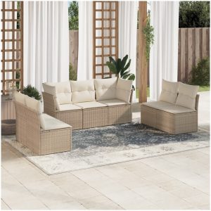 Matgrupp för trädgården med dynor 7 delar beige konstrotting vidaXL