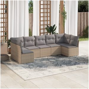Matgrupp för trädgården med dynor 7 delar beige konstrotting vidaXL