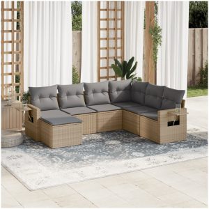 Matgrupp för trädgården med dynor 7 delar beige konstrotting vidaXL