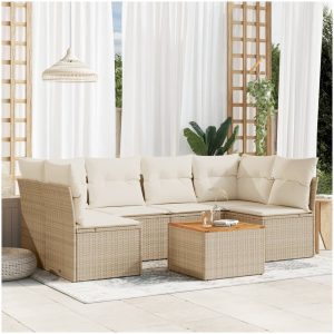 Matgrupp för trädgården med dynor 7 delar beige konstrotting vidaXL