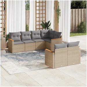 Matgrupp för trädgården med dynor 7 delar beige konstrotting vidaXL