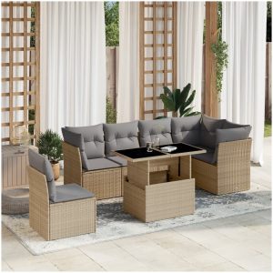 Matgrupp för trädgården med dynor 7 delar beige konstrotting vidaXL