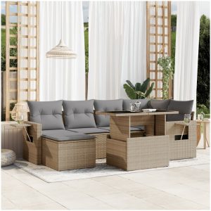 Matgrupp för trädgården med dynor 7 delar beige konstrotting vidaXL