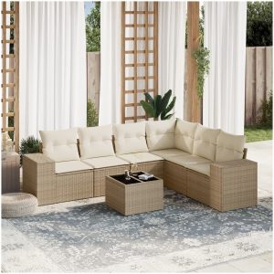 Matgrupp för trädgården med dynor 7 delar beige konstrotting vidaXL