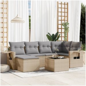 Matgrupp för trädgården med dynor 7 delar beige konstrotting vidaXL