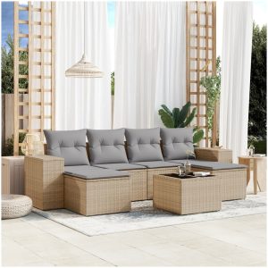 Matgrupp för trädgården med dynor 7 delar beige konstrotting vidaXL