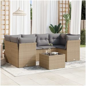 Matgrupp för trädgården med dynor 7 delar beige konstrotting vidaXL