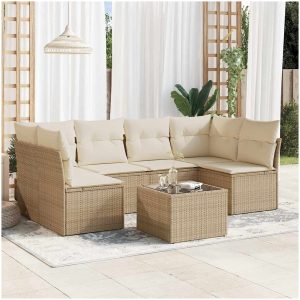 Matgrupp för trädgården med dynor 7 delar beige konstrotting vidaXL