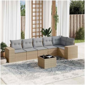 Matgrupp för trädgården med dynor 7 delar beige konstrotting vidaXL