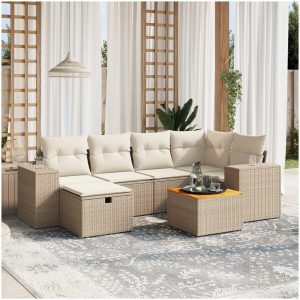 Matgrupp för trädgården med dynor 7 delar beige konstrotting vidaXL