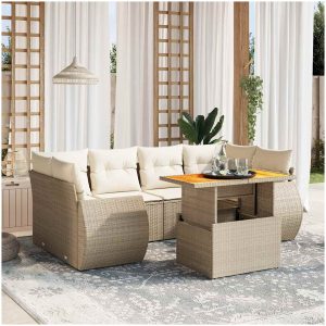 Matgrupp för trädgården med dynor 7 delar beige konstrotting vidaXL