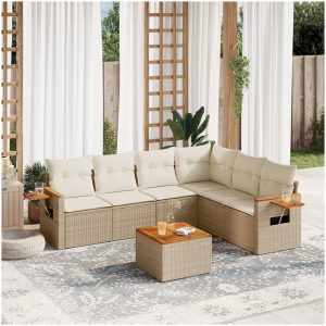 Matgrupp för trädgården med dynor 7 delar beige konstrotting vidaXL