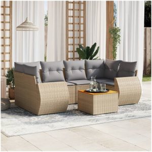 Matgrupp för trädgården med dynor 7 delar beige konstrotting vidaXL