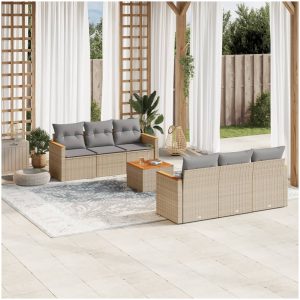 Matgrupp för trädgården med dynor 7 delar beige konstrotting vidaXL