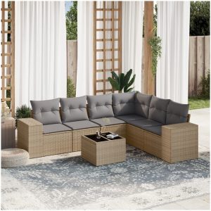 Matgrupp för trädgården med dynor 7 delar beige konstrotting vidaXL