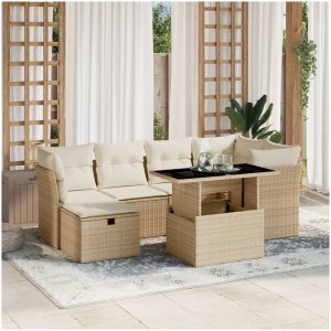 Matgrupp för trädgården med dynor 7 delar beige konstrotting vidaXL