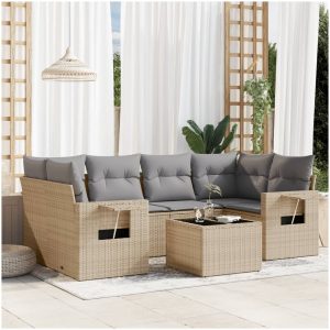 Matgrupp för trädgården med dynor 7 delar beige konstrotting vidaXL