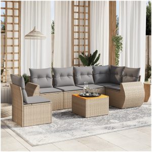 Matgrupp för trädgården med dynor 7 delar beige konstrotting vidaXL