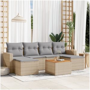 Matgrupp för trädgården med dynor 7 delar beige konstrotting vidaXL