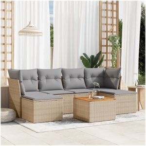 Matgrupp för trädgården med dynor 7 delar beige konstrotting vidaXL