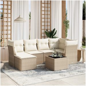 Matgrupp för trädgården med dynor 7 delar beige konstrotting vidaXL