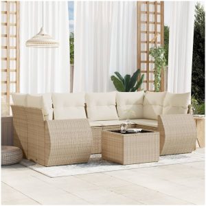 Matgrupp för trädgården med dynor 7 delar beige konstrotting vidaXL