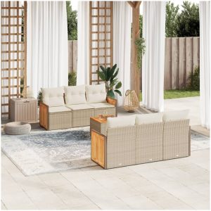 Matgrupp för trädgården med dynor 7 delar beige konstrotting vidaXL