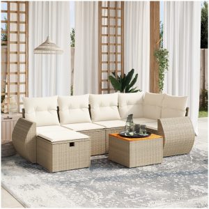 Matgrupp för trädgården med dynor 7 delar beige konstrotting vidaXL