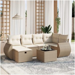 Matgrupp för trädgården med dynor 7 delar beige konstrotting vidaXL