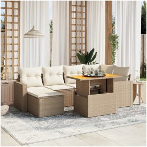 Matgrupp för trädgården med dynor 7 delar beige konstrotting vidaXL