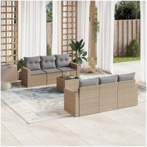 Matgrupp för trädgården med dynor 7 delar beige konstrotting vidaXL