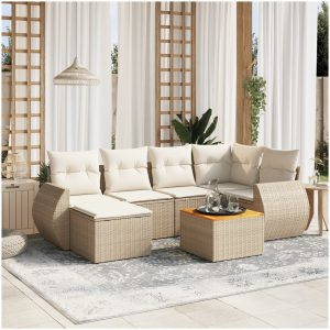 Matgrupp för trädgården med dynor 7 delar beige konstrotting vidaXL