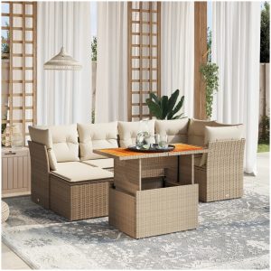 Matgrupp för trädgården med dynor 7 delar beige konstrotting vidaXL