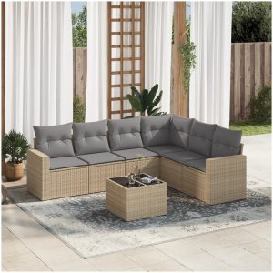 Matgrupp för trädgården med dynor 7 delar beige konstrotting vidaXL