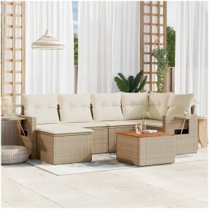 Matgrupp för trädgården med dynor 7 delar beige konstrotting vidaXL