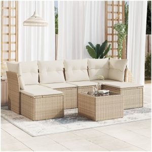 Matgrupp för trädgården med dynor 7 delar beige konstrotting vidaXL