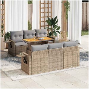 Matgrupp för trädgården med dynor 7 delar beige konstrotting vidaXL