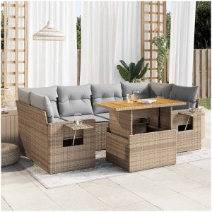 Matgrupp för trädgården med dynor 7 delar beige konstrotting vidaXL