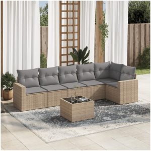 Matgrupp för trädgården med dynor 7 delar beige konstrotting vidaXL
