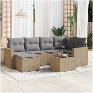 Matgrupp för trädgården med dynor 7 delar beige konstrotting vidaXL